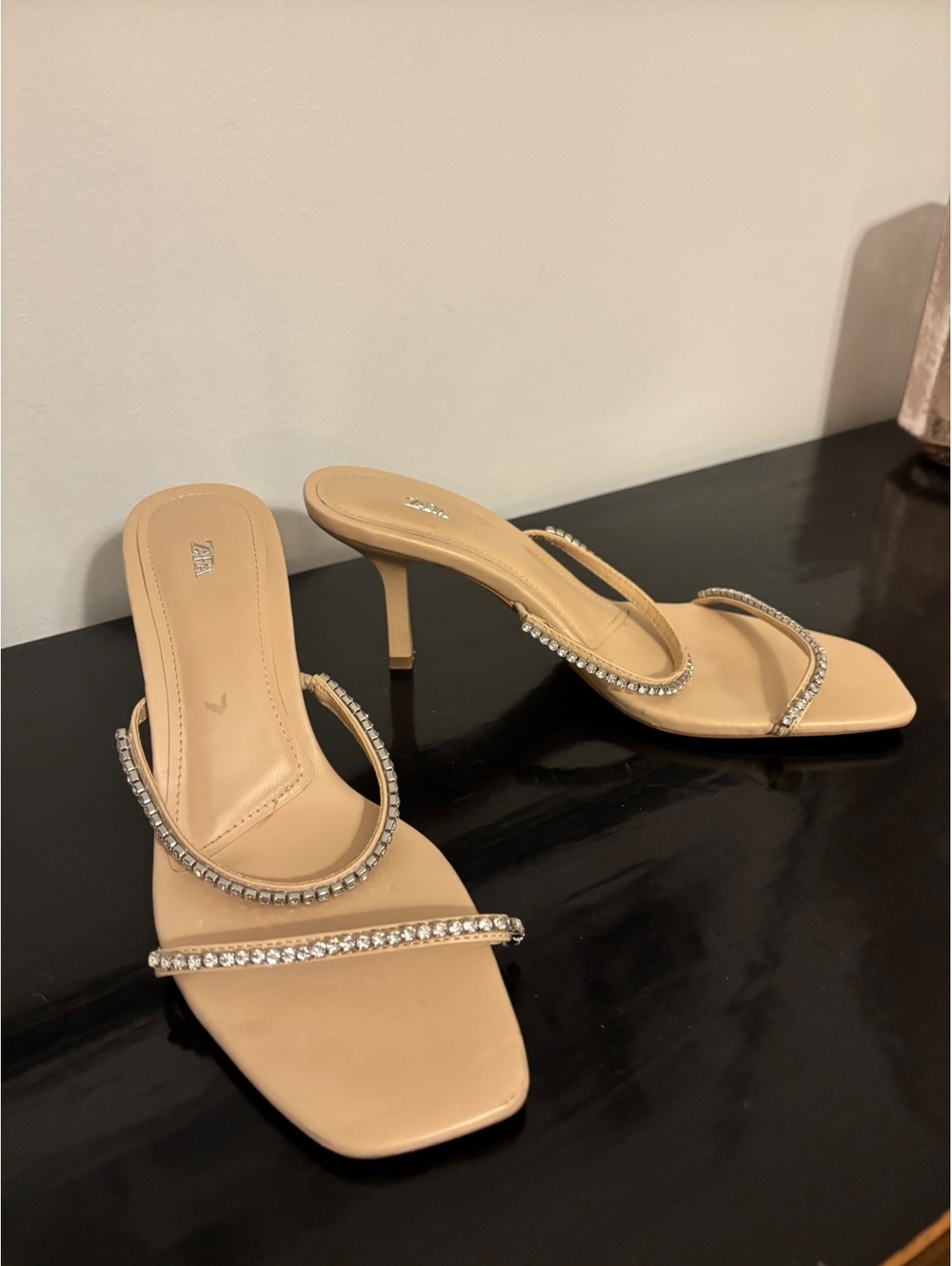 Zara Nude Heeled Sandals with Rhinestone Straps Size 8